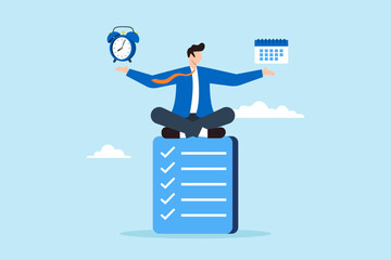 Poster - Flat illustration businessman meditate while balancing clock and calendar on completed task paper symbolizing self discipline
