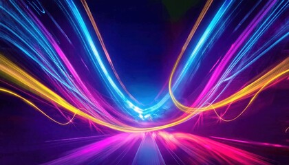 Poster - vibrant neon light trails in dynamic motion, abstract energy waves of blue, pink, and yellow on a dark background for digital art and modern design

