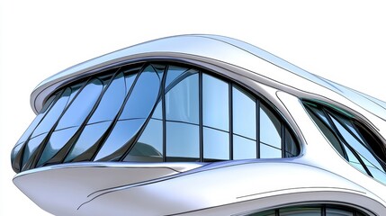 Poster - Abstract architectural detail, white building with curved glass windows, futuristic design, digital rendering. Smooth, flowing lines create a sense of movement and elegance.