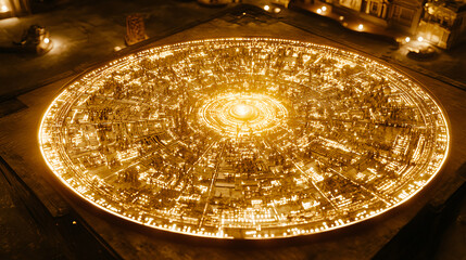 Poster - Illuminated geometric design futuristic city digital art night scene aerial view visual technology concept