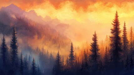 Wall Mural - Mountain forest background with golden trees and misty sky melting into coral