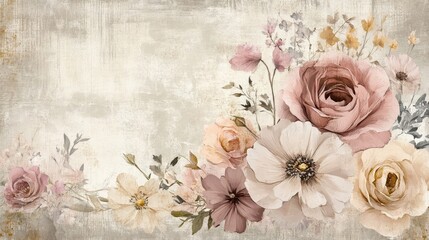 Wall Mural - Floral backdrop with cut-out flowers over grainy canvas and soft botanical sketches