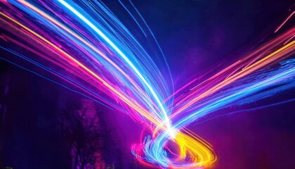 Poster - vibrant neon light trails in dynamic motion, abstract energy waves of blue, pink, and yellow on a dark background for digital art and modern design

