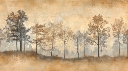 Wall Mural - Collage-style wallpaper with hand-cut trees and warm earthy tones fading into sky
