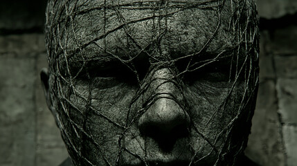 Poster - Mysterious face art installation urban warehouse digital art dark atmosphere close-up conceptual expression