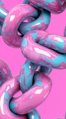 Poster - abstract image of interconnected pink and blue glossy shapes against a solid pink background. the sh