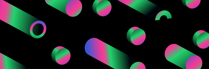 Fototapete - Vibrant vector illustration featuring cylindrical shapes in dynamic gradients of pink, green, and blue on a black background. The design showcases a modern, abstract aesthetic perfect for digital art.