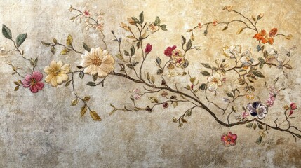 Wall Mural - Textile-inspired wallpaper with detailed embroidery and soft golden highlights on linen