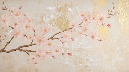 Wall Mural - Textile-inspired wallpaper with embroidered cherry blossoms and soft pink silk threads