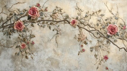 Wall Mural - Vintage floral wallpaper with embroidered roses and ivy vines on rustic linen fabric