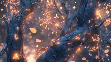 Canvas Print - Biomaterial trees with intricate circuits in their trunks and glowing ember-like leaves floating in a diffused light