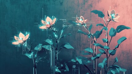 Canvas Print - Biomechanical plants with glowing circuitry and metallic textures blending into a pastel cybernetic scene