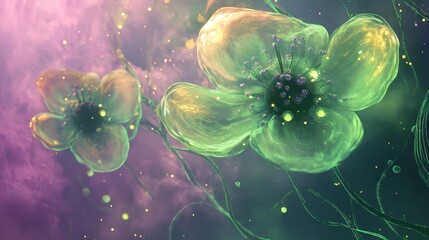 Canvas Print - Surreal floral backdrop with glowing vine structures and translucent flowers drifting in a magenta haze