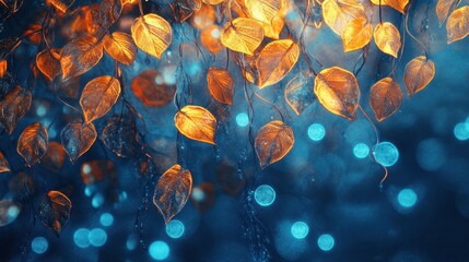 Canvas Print - Alien nature wallpaper with crystalline vines and glowing golden leaves suspended in blue embers