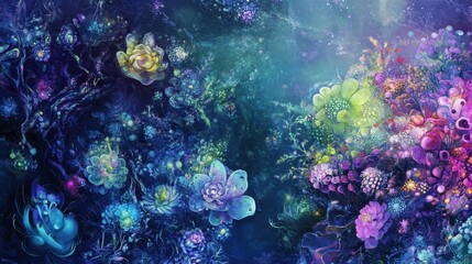 Wall Mural - Cosmic dreamscape wallpaper with surreal glowing plants and intricate floral structures in an infinite abyss