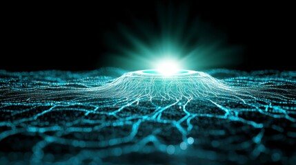 Poster - Abstract digital landscape with glowing light emanating from a central point, creating a futuristic, ethereal atmosphere. Network of interconnected nodes forms a textured surface.
