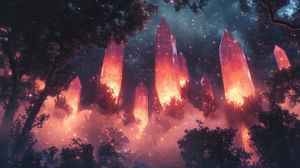 Wall Mural - Cosmic gemstone forest backdrop with floating ruby trees and glowing filaments weaving through branches