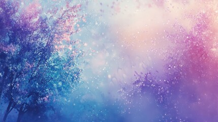 Canvas Print - Crystalline nature wallpaper with glowing trees and silver and violet reflections merging into a soft sky