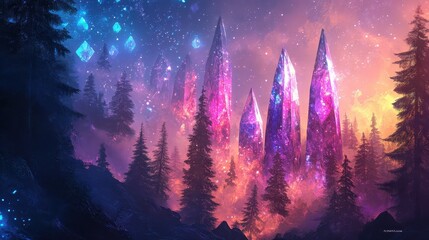 Wall Mural - Sci-fi fantasy crystal forest wallpaper with diamond-like structures and glowing trees in a neon mist