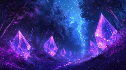 Wall Mural - Crystal forest wallpaper with glowing diamond trees and soft neon mist blending with sapphire shadows