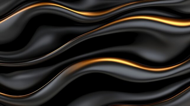 Abstract image of flowing black and gold fabric with wave like patterns. Luxurious and elegant, with a smooth, shiny texture. The gold highlights add a touch of opulence.