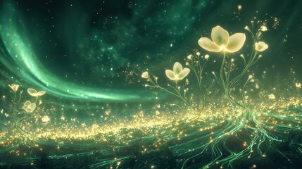 Canvas Print - Cosmic garden wallpaper with bioluminescent flowers and glowing roots extending into swirling auroras