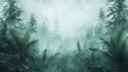 Wall Mural - Primordial forest backdrop with towering trees blending into fog and glowing mushrooms under massive ferns