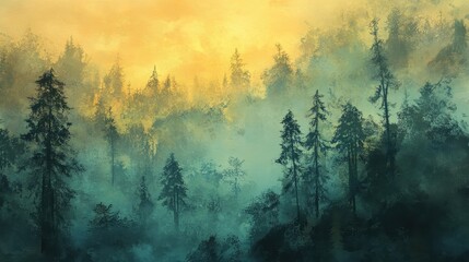 Wall Mural - Prehistoric jungle backdrop with blurred silhouettes of conifers blending into misty golden and emerald tones