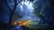 © javier - Medieval forest wallpaper with winding path oak trees and distant towers