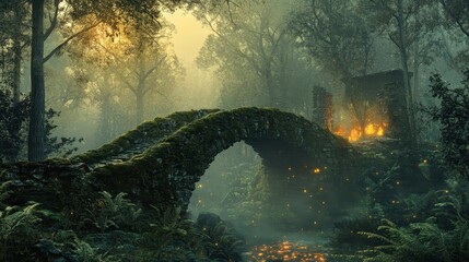 Wall Mural - Serene backdrop with moss-covered bridge glowing embers and evergreens