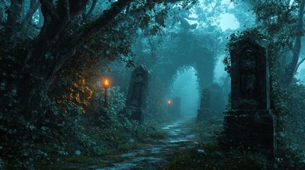 Wall Mural - Atmospheric backdrop with ivy-covered stones and glowing torchlight in mist