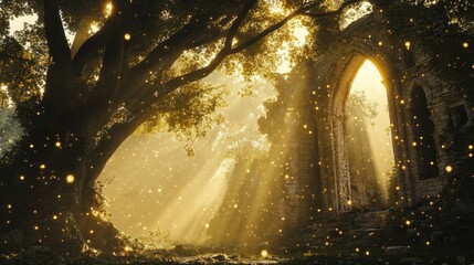 Wall Mural - Mystical enchanted forest wallpaper with glowing orbs and weathered ruins