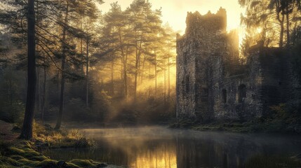 Wall Mural - Painterly forest backdrop with mist and glowing golden sunlight on castle ruins