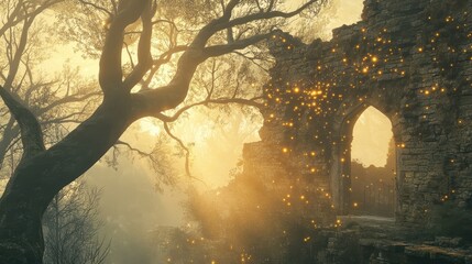Wall Mural - Enchanted forest wallpaper with glowing orbs and sunlight over medieval ruins