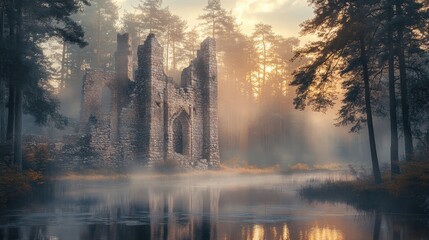 Wall Mural - Medieval forest backdrop with pine trees mist and golden sunlight on ruins