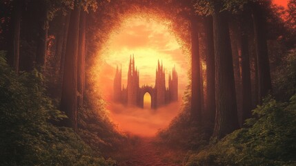 Wall Mural - Surreal woodland backdrop with towering cedars and ruined towers in sunset light