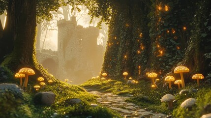 Wall Mural - Medieval forest wallpaper with glowing mushrooms ivy and crumbling fortress walls
