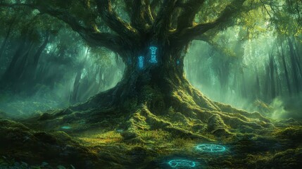 Wall Mural - Ancient tree wallpaper with glowing blue runes and mist rising from forest floor