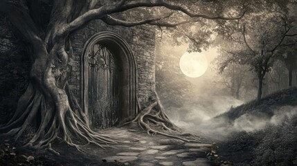 Wall Mural - Romantic fantasy background with mist tree roots and moonlight illuminating forest