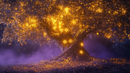 Wall Mural - Surreal mystical tree wallpaper with glowing runes twisted trunk and purple mist