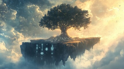 Wall Mural - Dreamlike tree wallpaper with glowing runes mist and soft watercolor horizon