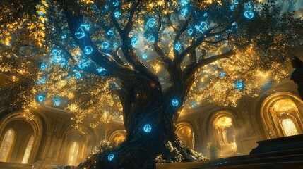 Wall Mural - Serene ancient tree wallpaper with glowing symbols and hand-painted magical atmosphere