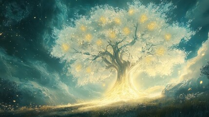 Wall Mural - Ancient tree wallpaper with glowing runes mist and soft painterly brushstrokes of depth
