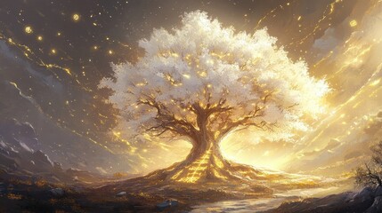 Wall Mural - Ancient tree wallpaper with golden runes glowing roots and celestial mist swirling