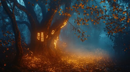 Wall Mural - Ancient tree backdrop with sapphire runes glowing golden leaves and misty forest floor