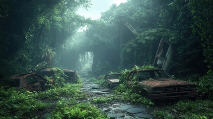 Wall Mural - Overgrown ruins backdrop with abandoned highway rusted cars and glowing mist