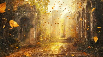 Wall Mural - Overgrown cityscape with ivy-covered monuments and golden autumn leaves floating through mist