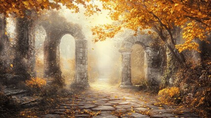 Wall Mural - Overgrown cityscape background with ivy-covered monuments and golden autumn leaves in pathways