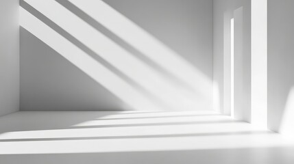 Poster - A Bright and Minimalist Interior Space with Long Shadows Cast by Natural Light Against Crisp White Walls in an Open Room Layout