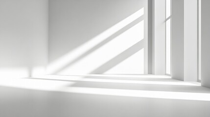 Poster - Bright and Minimalist Interior Space with Soft Natural Light Creating Interesting Shadows and Patterns on a Clean White Floor and Walls